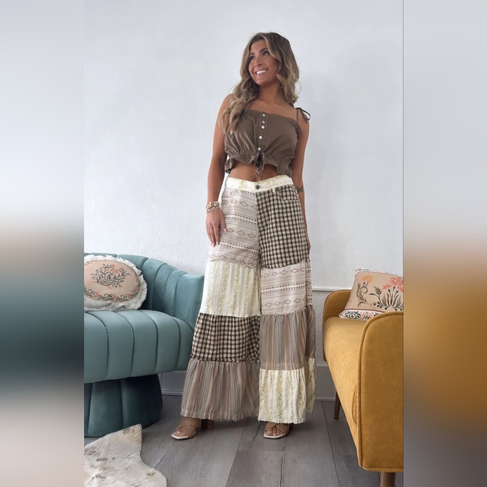 POL Brown & Cream Oakley Boho Patchwork Wide Leg Pants - Picture 3 of 9